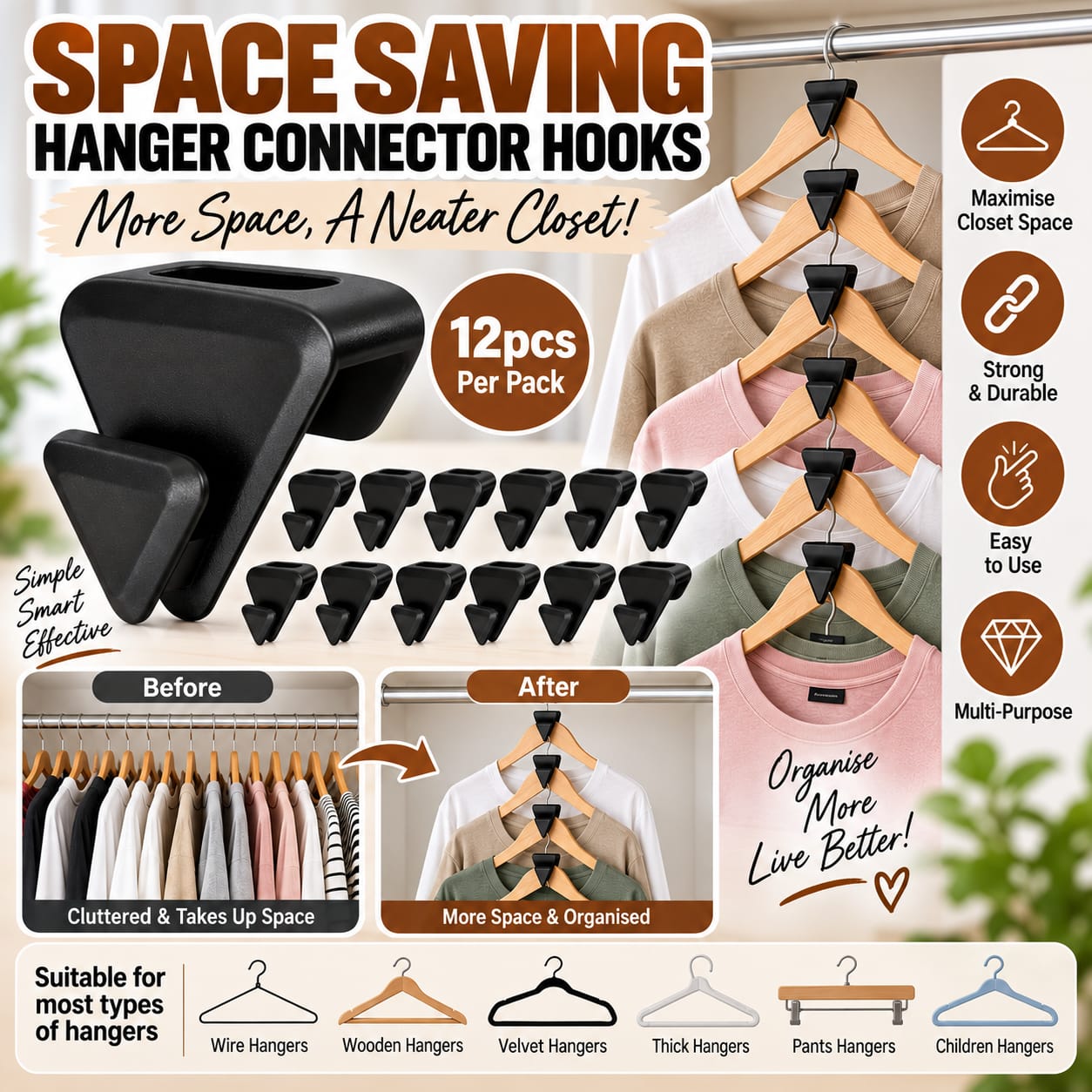 12pc Space-Saving Triangle Hanger Hooks